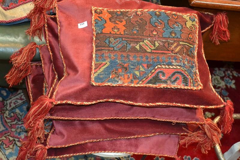 Appraisal: FOUR RED VELVET AND TAPESTRY CUSHION COVERS