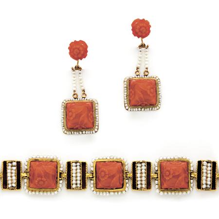 Appraisal: Gold Carved Coral and Seed Pearl Bracelet and Pair of