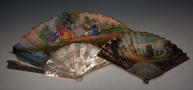 Appraisal: A FINE SMALL EUROPEAN FAN decorated figures in a landscape