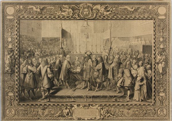 Appraisal: Early French engraving depicting Louis XIV in Notre Dame forming