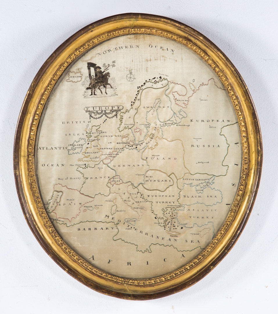 Appraisal: English oval needlework map of Europe Worked by Ann Neate