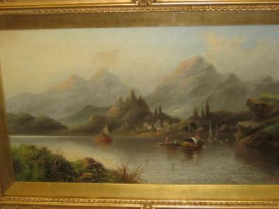 Appraisal: EDWARD MASTERS fl Alpine Lake Scene with Boats oil on