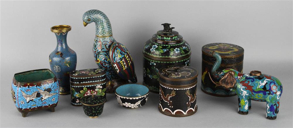 Appraisal: TEN CHINESE CLOISONNE ENAMEL DECORATIVE PIECES including an archaistic bird