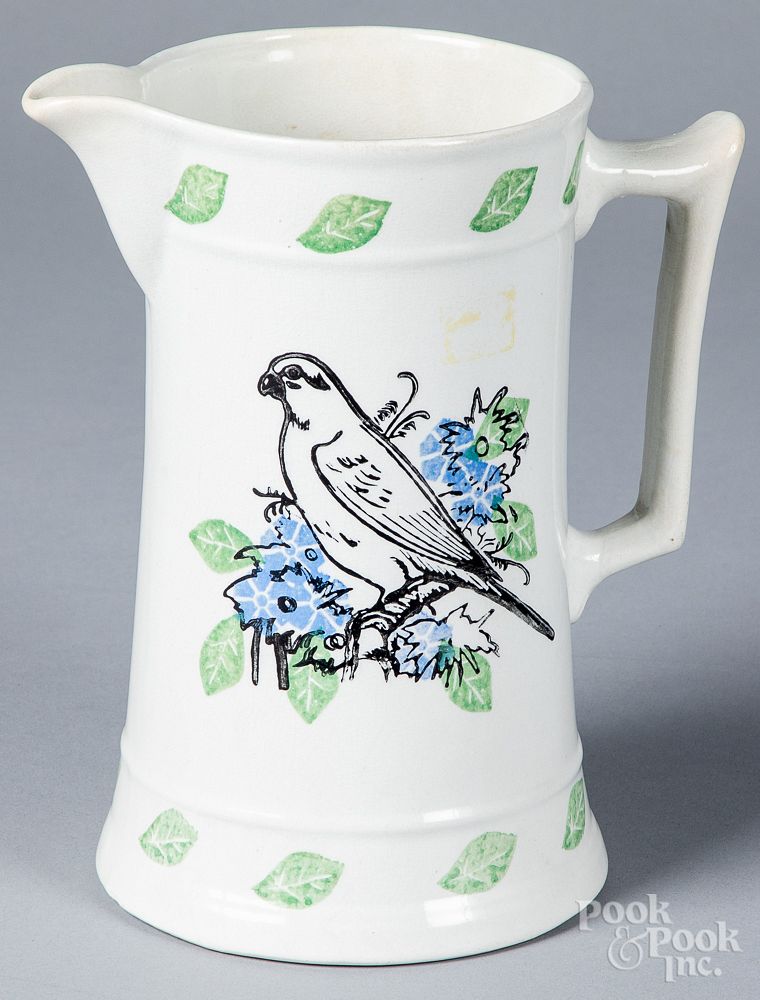 Appraisal: Stick spatter pitcher with bird decoration Stick spatter pitcher with