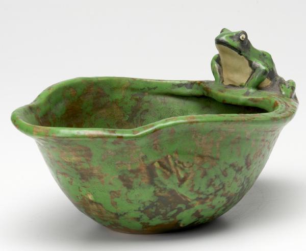 Appraisal: WELLER Coppertone bowl with perched frog Incised mark x