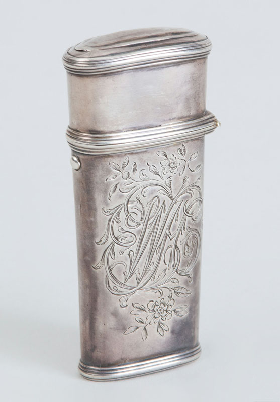 Appraisal: CONTINENTAL ENGRAVED SILVER ETUI CASE The flattened tapered body with