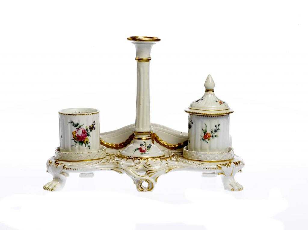 Appraisal: A CHELSEA DERBY INKSTAND moulded with gilt scrolls and leaves