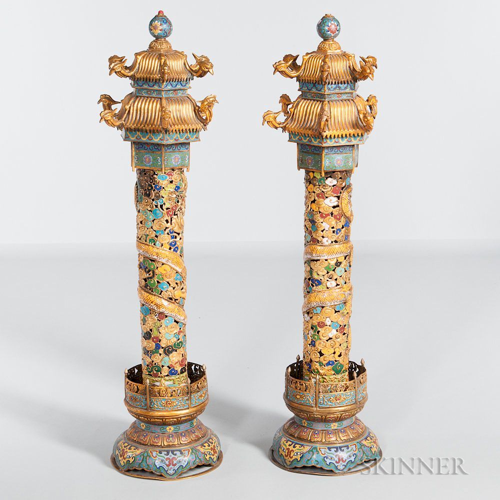 Appraisal: Pair of Cloisonne Temple Pagodas Pair of Cloisonne Temple Pagodas