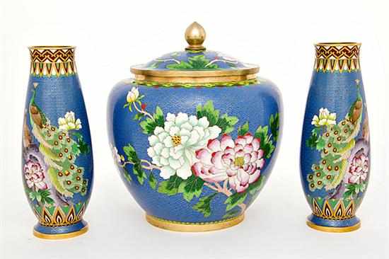 Appraisal: Chinese cloisonne covered jar and vases early th century scene