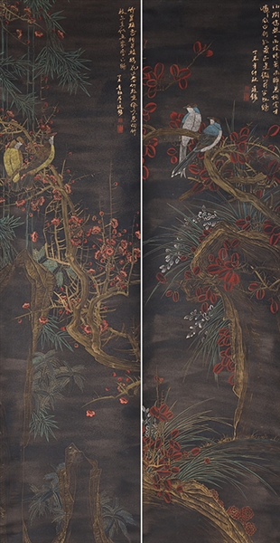 Appraisal: Pair of Chinese paintings mounted as scrolls with birds flowering