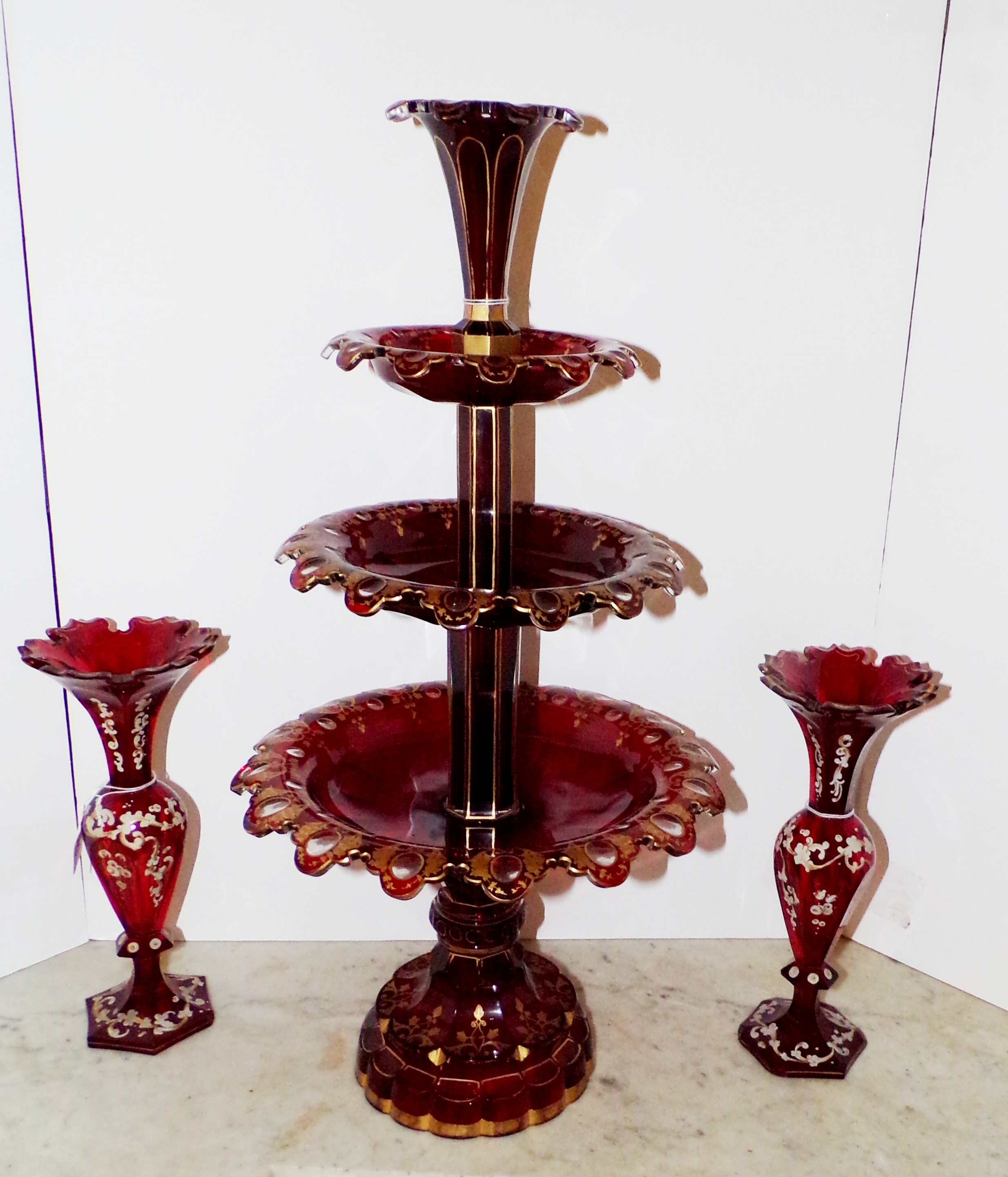 Appraisal: Ruby glass -tiered compote with gilt decoration together with a