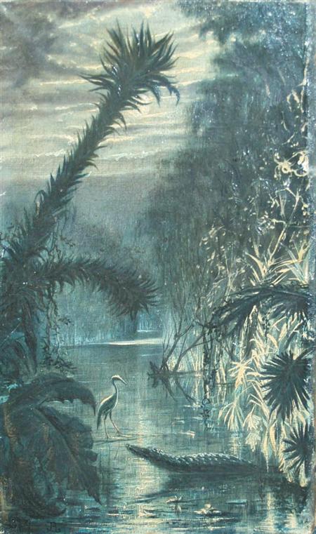 Appraisal: American School th Century River Landscape with Heron and Alligator