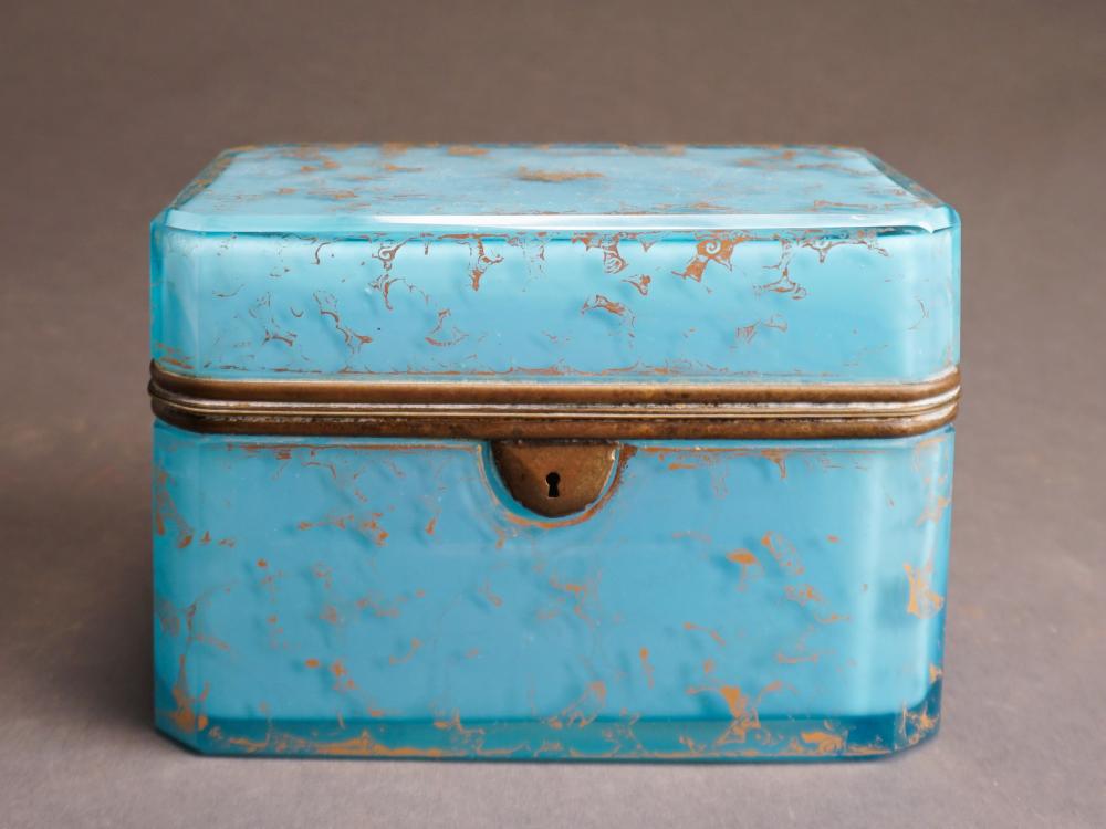 Appraisal: Continental Gilt Decorated Pale Blue Glass Box x x in