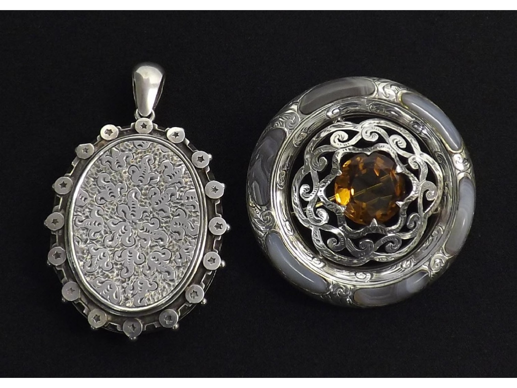 Appraisal: Scottish silver and agate circular brooch with a citrine coloured