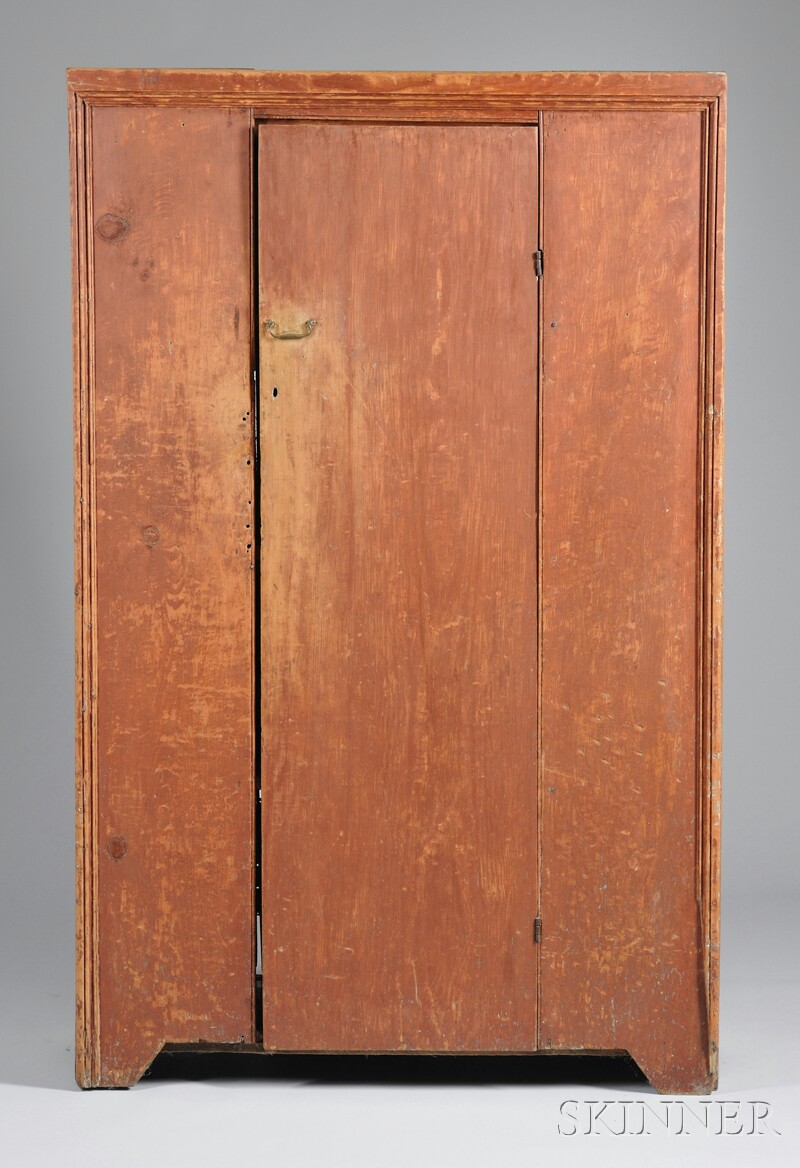 Appraisal: Country Red-painted Pine One-door Jelly Cupboard applied molding interior with