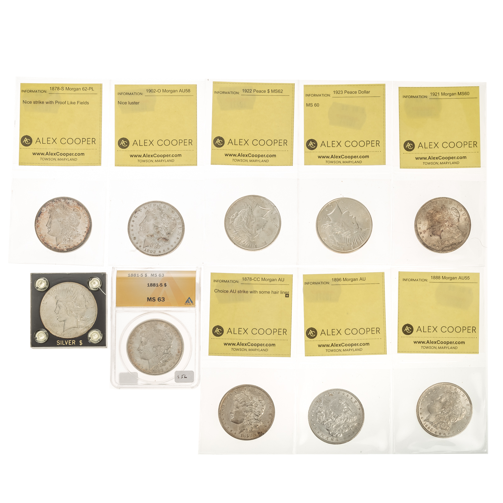 Appraisal: NICE GROUP OF MORGAN PEACE DOLLARS WITH -CC -CC AU