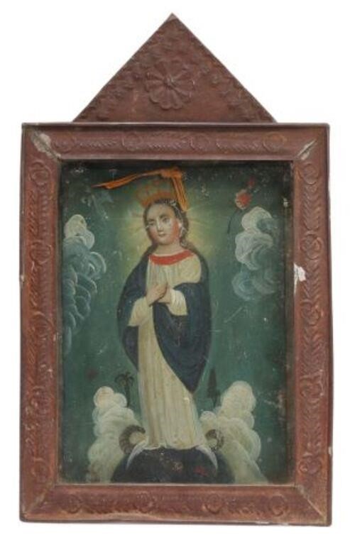 Appraisal: Framed oil on tin retablo La Inmaculada Concepcion The Immaculate