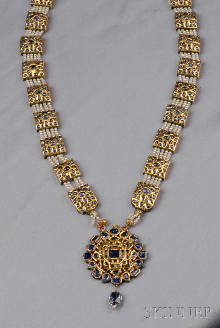 Appraisal: Antique High-Karat Gold Foil-back Sapphire Enamel and Seed Pearl Pendant