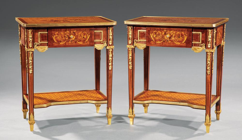 Appraisal: Pair of Louis XVI-Style Bronze-Mounted Marquetry Side Tables each top