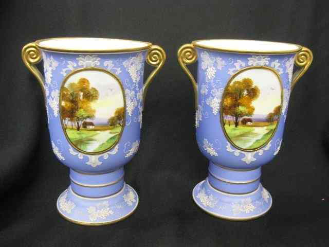 Appraisal: Pair of Nippon handapinted Porcelain Vases Wedgwood style blue decoration