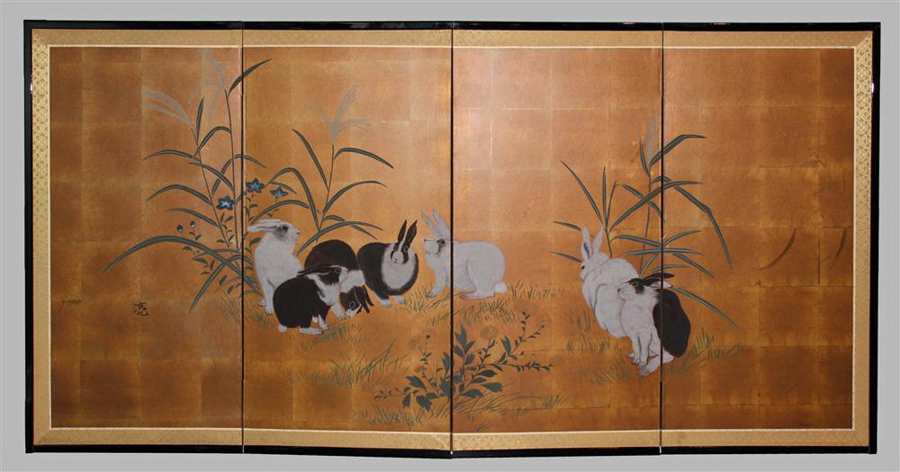 Appraisal: JAPANESE RABBITS WITH MILLET AND BELLFLOWERS FOUR PANEL SCREEN th