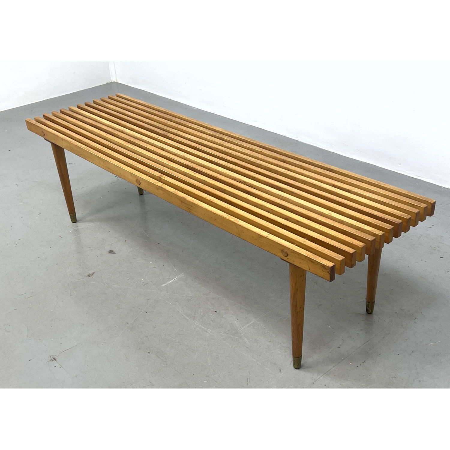 Appraisal: Modernist Wood Slat Bench Coffee Table Tapered Peg Legs Dimensions