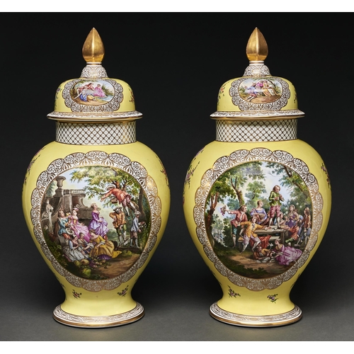 Appraisal: A pair of German yellow ground jars and covers Dresden