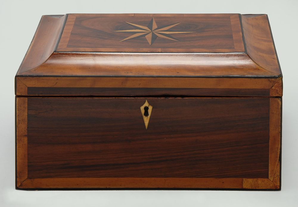 Appraisal: INLAID WOODEN SEWING BOX Mid- th CenturyIn mahogany with satinwood