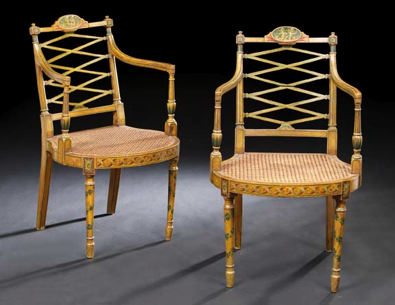 Appraisal: Pair of Edwardian Polychromed Armchairs ca in the Adam taste