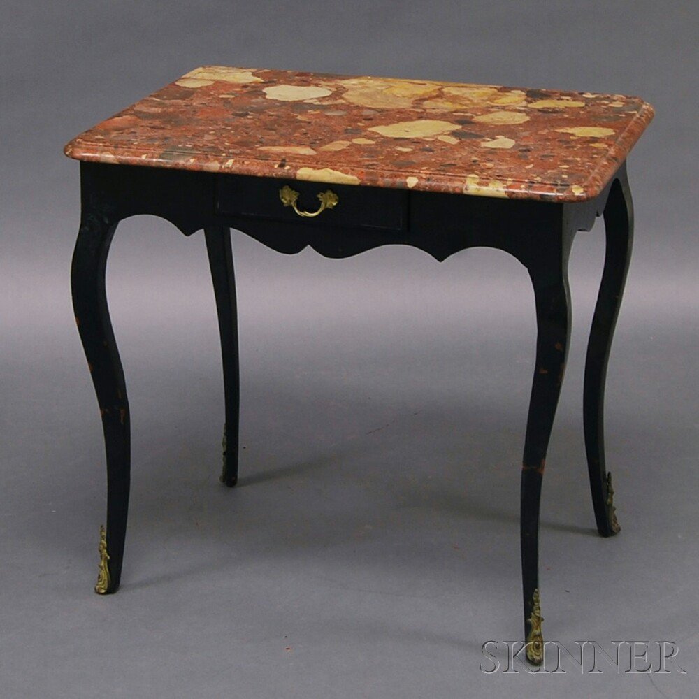 Appraisal: Louis XV-style Black-lacquered Marble-top Occasional Table the rectangular marble top