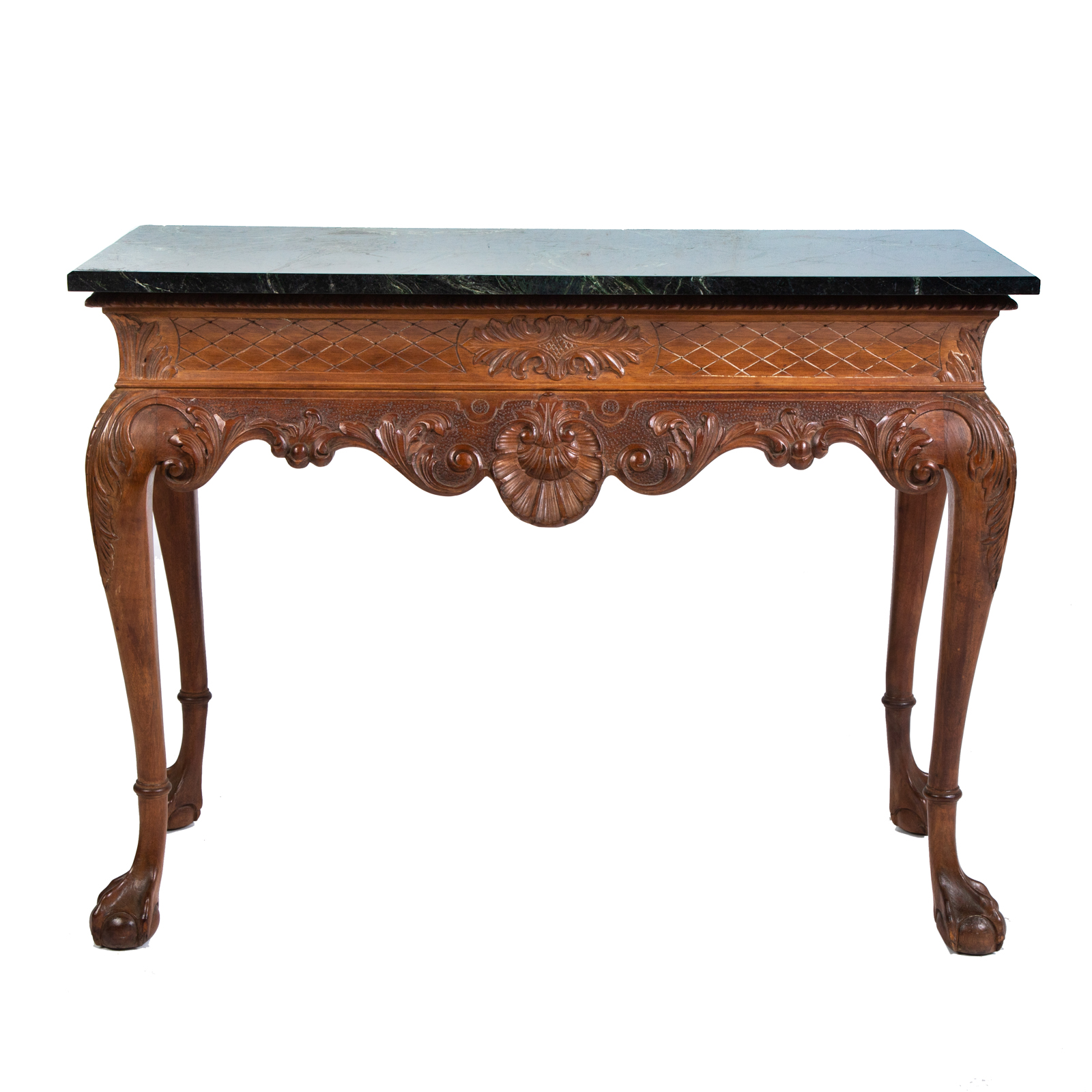 Appraisal: CHIPPENDALE STYLE MARBLE TOP CONSOLE TABLE th century variegated green