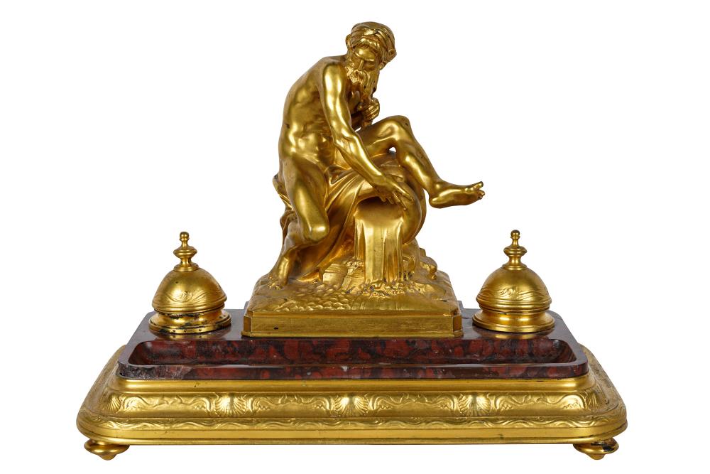 Appraisal: GILT BRONZE ROUGE MARBLE INKWELLsigned Caffieri to the figure Condition