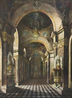 Appraisal: P DIMITRI th century th century Cathedral Interior Oil on