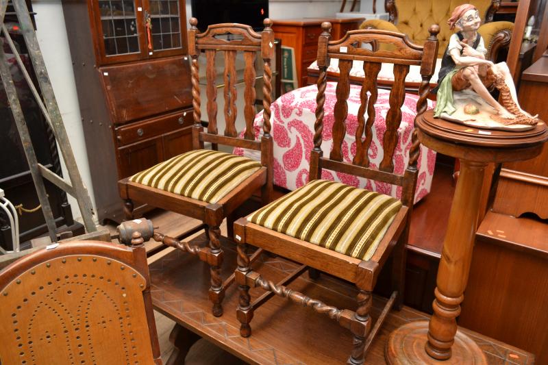 Appraisal: A PAIR OF ANTIQUE STYLE DINING CHAIRS WITH BARLEY TWIST