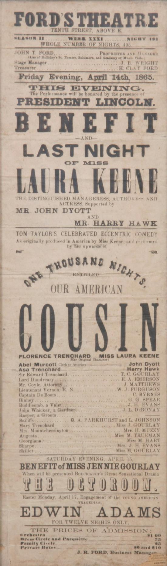 Appraisal: FORD'S THEATER BROADSIDE FOR OUR AMERICAN COUSIN DATED APRIL th