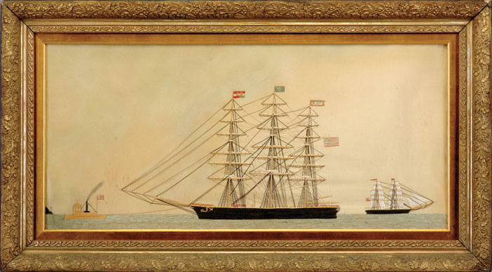 Appraisal: SILK NEEDLEWORK PICTURE OF AN AMERICAN SHIP WITH TUG ENTERING