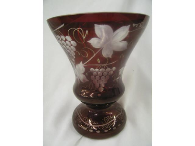 Appraisal: Bohemian Ruby Cut-to-Clear Vase grape vine decor