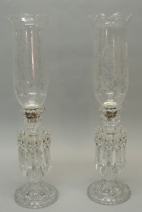 Appraisal: Pair of crystal luster candlesticks with hurricane etched globes t