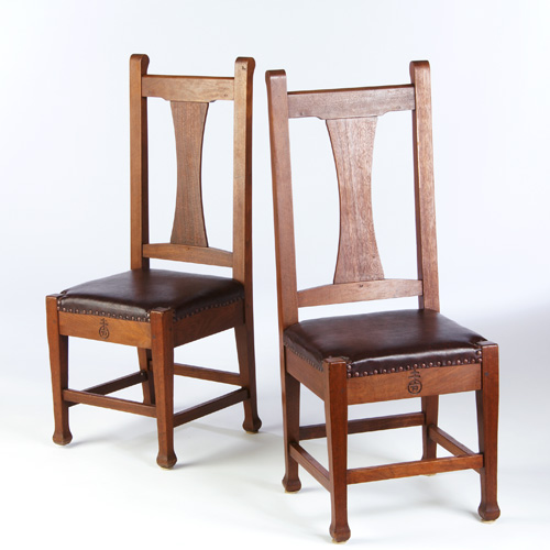 Appraisal: ROYCROFT Pair of mahogany corset-back sidechairs with tacked-on seats and