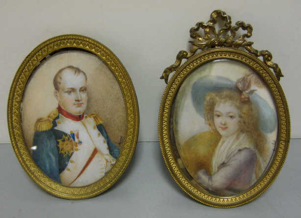 Appraisal: TWO MINIATURE PORTRAITS Hand painted on oval celluloid plaques one