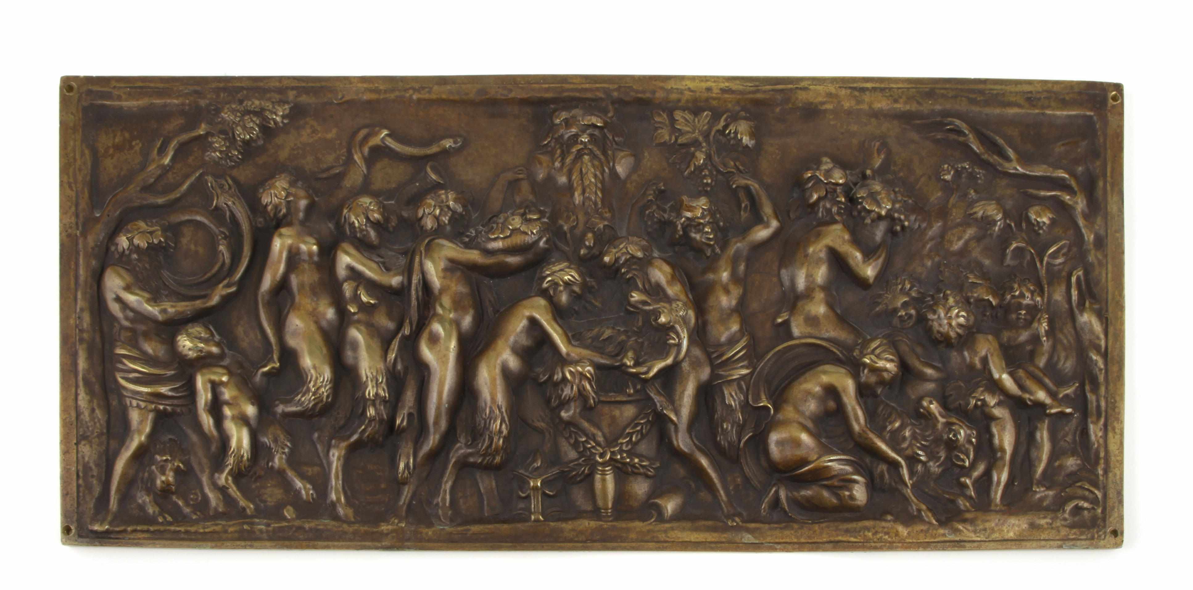 Appraisal: A French patinated bronze relief plaque after the antiqueheight in