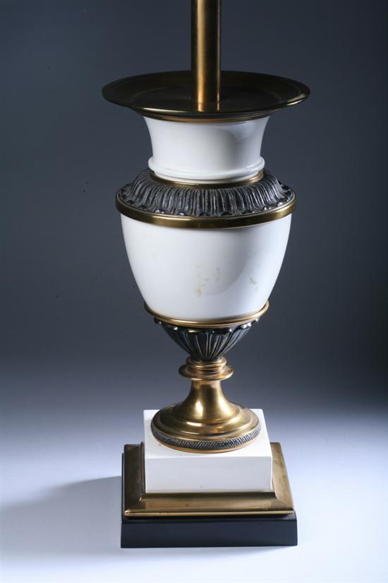 Appraisal: CONTEMPORARY BRASS-MOUNTED CERAMIC URN-FORM TABLE LAMP The border with acanthus