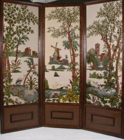 Appraisal: Vintage Needlepoint Three-Panel Room Screen Scenic European scenes burl veneer