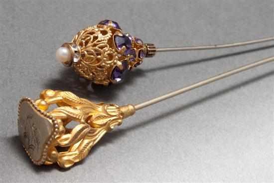 Appraisal: Two Victorian gilt-metal faux jewel hat pins th century filigree