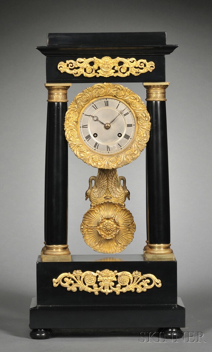 Appraisal: Ebonized French Portico Clock c the ebonized wooden case with