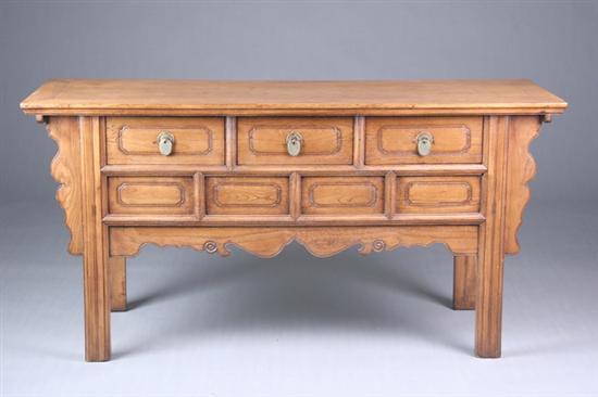 Appraisal: CHINESE ELMWOOD LOW CABINET Rectangular top above three drawers -