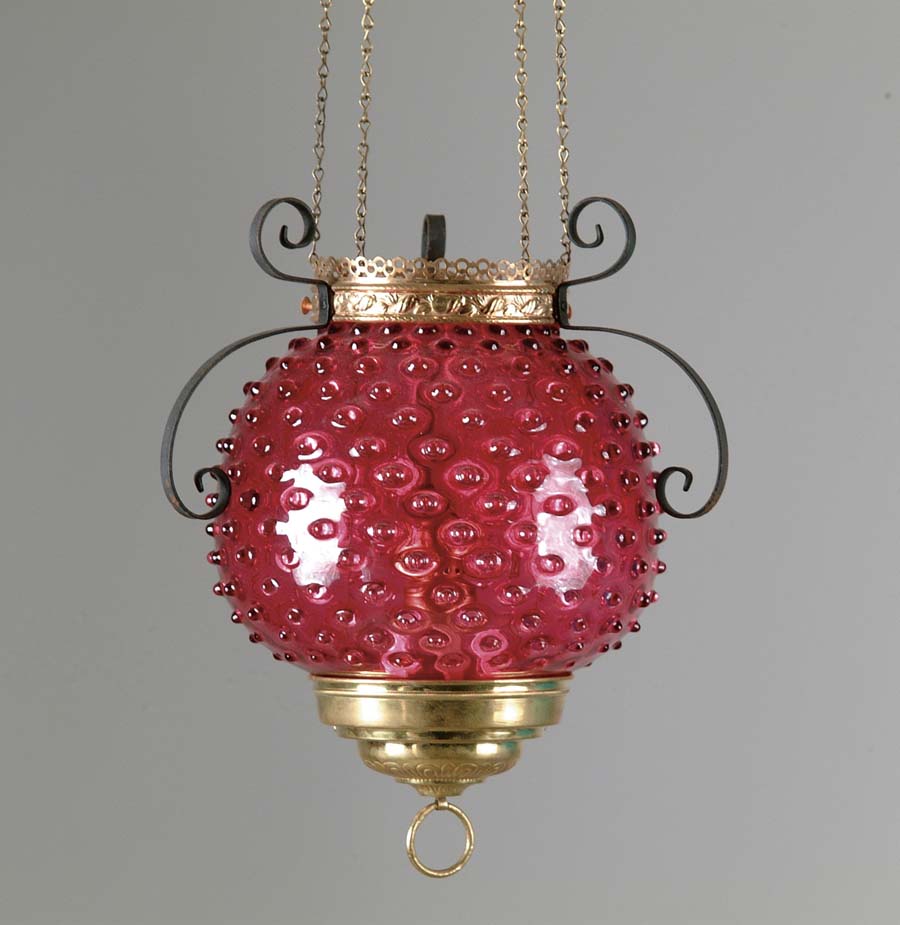 Appraisal: CRANBERRY HOBNAIL HALL LIGHT Beautiful hall light has brass trim