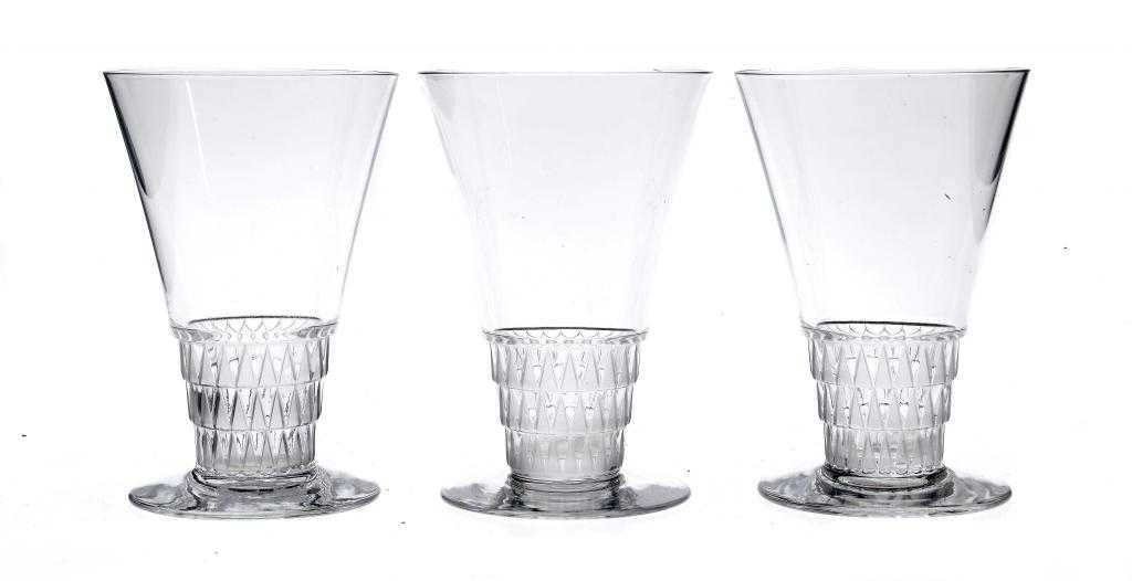 Appraisal: BOURGUEIL A SET OF THREE LALIQUE GLASS BEAKERS cm h