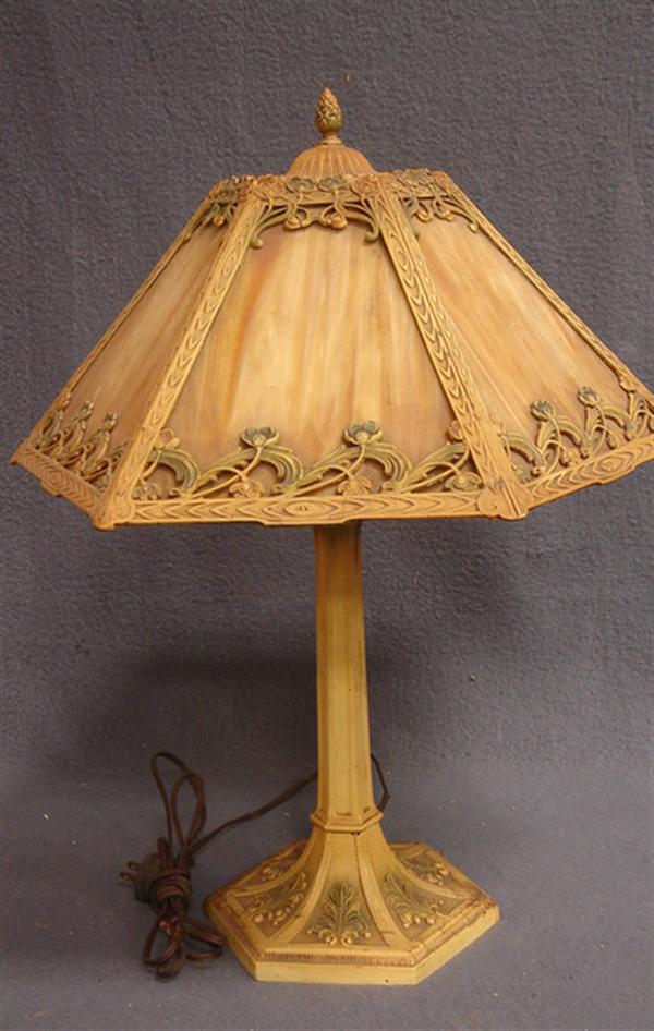 Appraisal: Paneled caramel slag glass table lamp polychrome decorated hexagonal shade