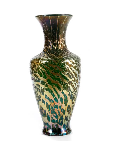 Appraisal: A green iridescent crackle glass vase early th century possibly